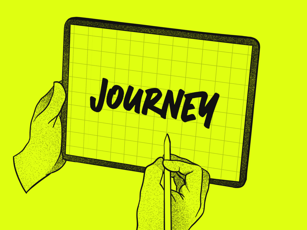 Grafikk av et nettbrett med Journey-logo på.