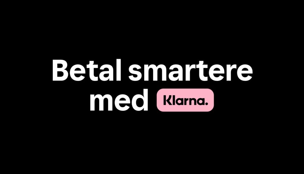 Svart grafikk med hvit tekst og rosa Klarna-logo